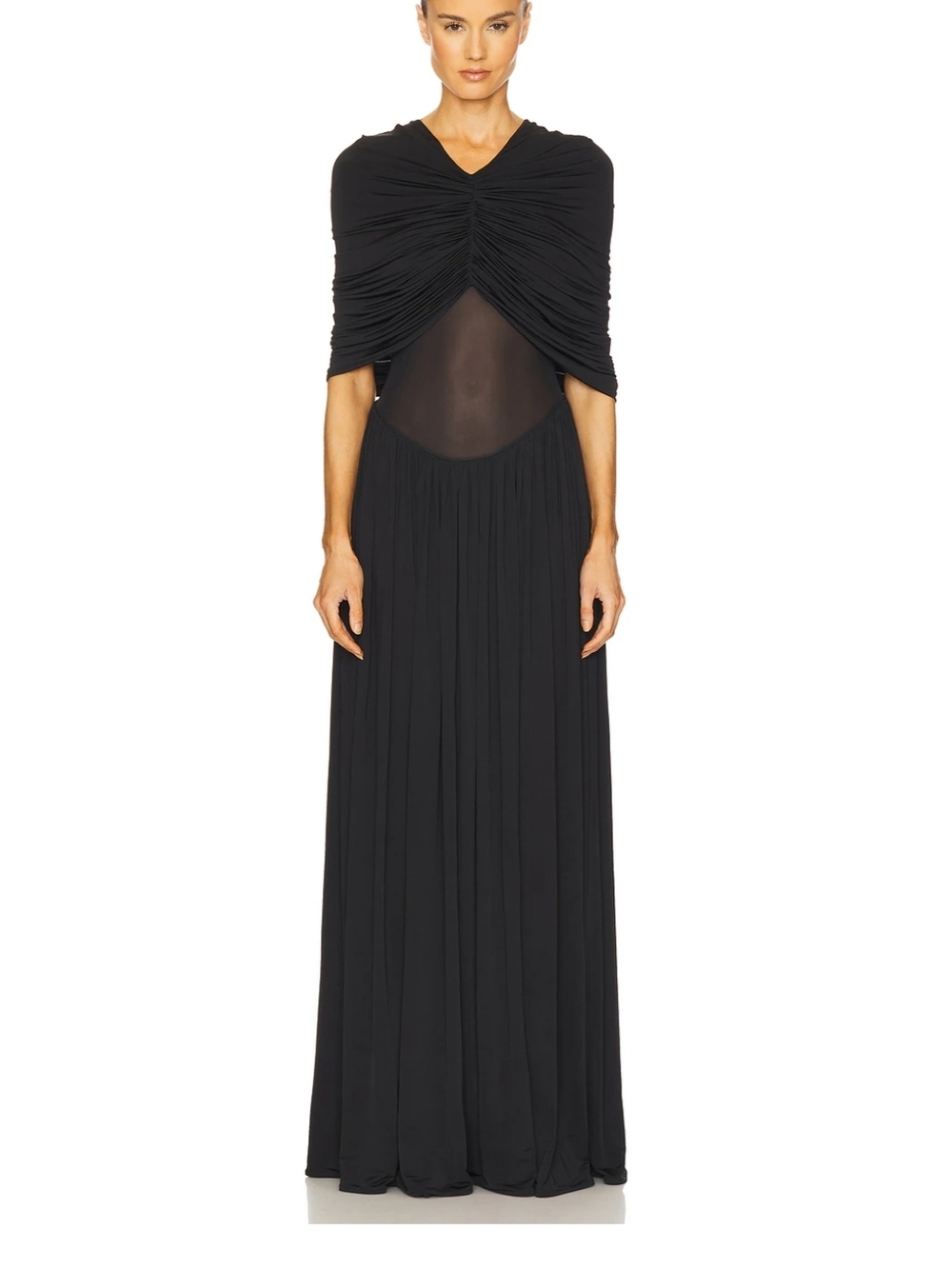 Helsa Philomena Black Ruched Mesh-Panel Maxi Dress